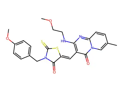 3-{(Z)-[3-(4-methoxybenzyl)-4-oxo-2-thioxo-1,3-thiazolidin-5-ylidene]methyl}-2-[(2-methoxyethyl)amino]-7-methyl-4H-pyrido[1,2-a]pyrimidin-4-one structure