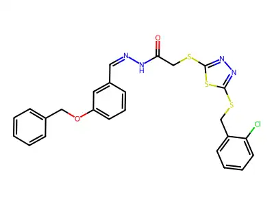 2-[[5-[(2-chlorophenyl)methylsulfanyl]-1,3,4-thiadiazol-2-yl]sulfanyl]-N-[(E)-(3-phenylmethoxyphenyl)methylideneamino]acetamide structure
