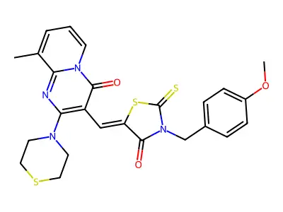 3-{(Z)-[3-(4-methoxybenzyl)-4-oxo-2-thioxo-1,3-thiazolidin-5-ylidene]methyl}-9-methyl-2-(thiomorpholin-4-yl)-4H-pyrido[1,2-a]pyrimidin-4-one structure