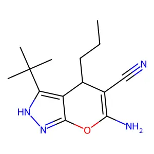 6-Amino-3-tert-butyl-4-propyl-1,4-dihydropyrano[2,3-c]pyrazole-5-carbonitrile structure