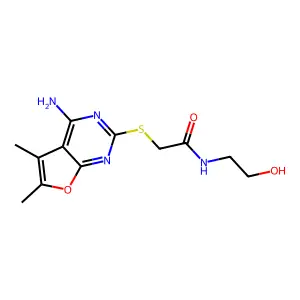 2-[(4-amino-5,6-dimethylfuro[2,3-d]pyrimidin-2-yl)sulfanyl]-N-(2-hydroxyethyl)acetamide structure