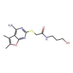 2-(4-amino-5,6-dimethylfuro[2,3-d]pyrimidin-2-yl)sulfanyl-N-(3-hydroxypropyl)acetamide structure