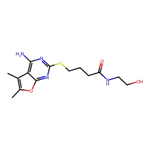 4-(4-amino-5,6-dimethylfuro[2,3-d]pyrimidin-2-yl)sulfanyl-N-(2-hydroxyethyl)butanamide structure
