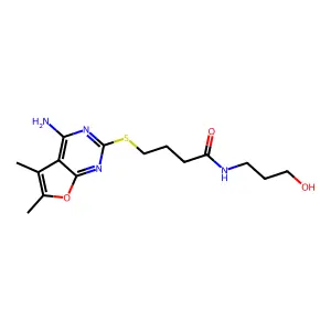 4-[(4-amino-5,6-dimethylfuro[2,3-d]pyrimidin-2-yl)sulfanyl]-N-(3-hydroxypropyl)butanamide structure