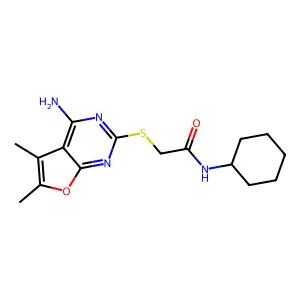 2-(4-amino-5,6-dimethylfurano[2,3-d]pyrimidin-2-ylthio)-N-cyclohexylacetamide structure