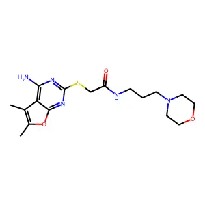 2-((4-amino-5,6-dimethylfuro[2,3-d]pyrimidin-2-yl)thio)-N-(3-morpholinopropyl)acetamide structure