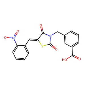 3-[[(5E)-5-[(2-nitrophenyl)methylidene]-2,4-dioxo-1,3-thiazolidin-3-yl]methyl]benzoic acid structure