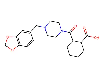 2-{[4-(1,3-Benzodioxol-5-ylmethyl)piperazino]carbonyl}cyclohexanecarboxylic acid structure