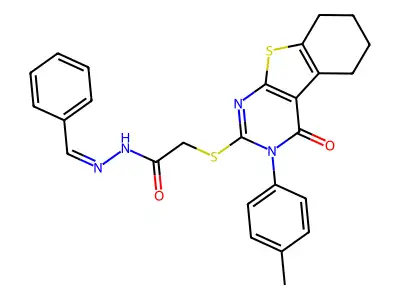 (E)-N'-benzylidene-2-((4-oxo-3-(p-tolyl)-3,4,5,6,7,8-hexahydrobenzo[4,5]thieno[2,3-d]pyrimidin-2-yl)thio)acetohydrazide structure
