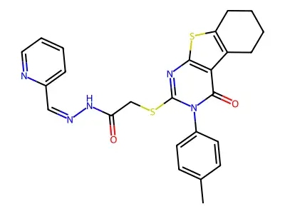 (E)-2-((4-oxo-3-(p-tolyl)-3,4,5,6,7,8-hexahydrobenzo[4,5]thieno[2,3-d]pyrimidin-2-yl)thio)-N'-(pyridin-2-ylmethylene)acetohydrazide structure