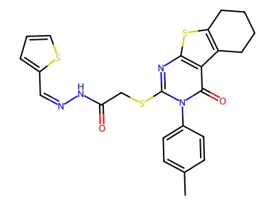 (E)-2-((4-oxo-3-(p-tolyl)-3,4,5,6,7,8-hexahydrobenzo[4,5]thieno[2,3-d]pyrimidin-2-yl)thio)-N'-(thiophen-2-ylmethylene)acetohydrazide structure
