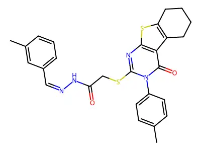 (E)-N'-(3-methylbenzylidene)-2-((4-oxo-3-(p-tolyl)-3,4,5,6,7,8-hexahydrobenzo[4,5]thieno[2,3-d]pyrimidin-2-yl)thio)acetohydrazide structure
