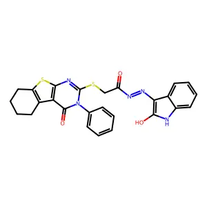 (E)-2-((4-oxo-3-phenyl-3,4,5,6,7,8-hexahydrobenzo[4,5]thieno[2,3-d]pyrimidin-2-yl)thio)-N'-(2-oxoindolin-3-ylidene)acetohydrazide structure