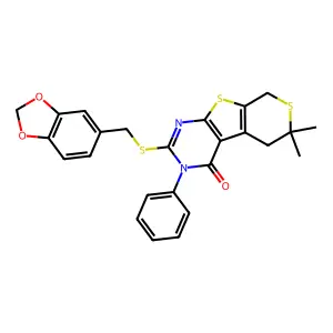 2-[(1,3-benzodioxol-5-ylmethyl)sulfanyl]-6,6-dimethyl-3-phenyl-3,5,6,8-tetrahydro-4H-thiopyrano[4',3':4,5]thieno[2,3-d]pyrimidin-4-one structure