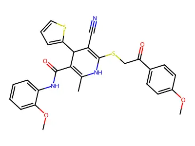 5-cyano-N-(2-methoxyphenyl)-6-((2-(4-methoxyphenyl)-2-oxoethyl)thio)-2-methyl-4-(thiophen-2-yl)-1,4-dihydropyridine-3-carboxamide structure