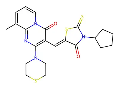 3-[(Z)-(3-cyclopentyl-4-oxo-2-thioxo-1,3-thiazolidin-5-ylidene)methyl]-9-methyl-2-(thiomorpholin-4-yl)-4H-pyrido[1,2-a]pyrimidin-4-one structure
