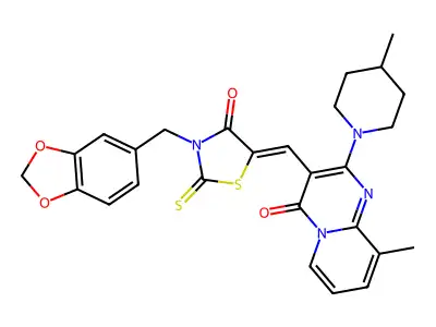 3-{(Z)-[3-(1,3-benzodioxol-5-ylmethyl)-4-oxo-2-thioxo-1,3-thiazolidin-5-ylidene]methyl}-9-methyl-2-(4-methylpiperidin-1-yl)-4H-pyrido[1,2-a]pyrimidin-4-one structure