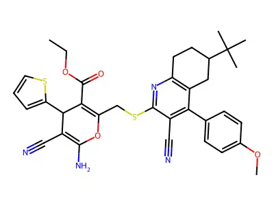 ethyl 6-amino-2-({[6-tert-butyl-3-cyano-4-(4-methoxyphenyl)-5,6,7,8-tetrahydroquinolin-2-yl]sulfanyl}methyl)-5-cyano-4-(thiophen-2-yl)-4H-pyran-3-carboxylate structure