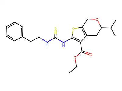 ethyl 2-(2-phenylethylcarbamothioylamino)-5-propan-2-yl-5,7-dihydro-4H-thieno[2,3-c]pyran-3-carboxylate structure