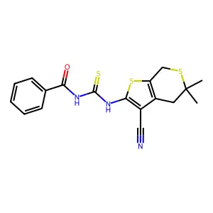 N-[(3-cyano-5,5-dimethyl-4,7-dihydrothieno[2,3-c]thiopyran-2-yl)carbamothioyl]benzamide structure