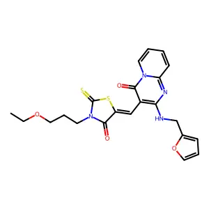 3-{(Z)-[3-(3-ethoxypropyl)-4-oxo-2-thioxo-1,3-thiazolidin-5-ylidene]methyl}-2-[(furan-2-ylmethyl)amino]-4H-pyrido[1,2-a]pyrimidin-4-one structure