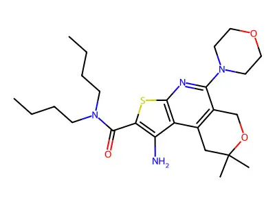 1-amino-N,N-dibutyl-8,8-dimethyl-5-morpholino-8,9-dihydro-6H-pyrano[4,3-d]thieno[2,3-b]pyridine-2-carboxamide structure