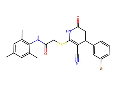 2-[[4-(3-bromophenyl)-5-cyano-2-oxo-3,4-dihydro-1H-pyridin-6-yl]sulfanyl]-N-(2,4,6-trimethylphenyl)acetamide structure