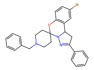 2-bromo-9-phenyl-14-benzylspiro[10aH-benzo[e]2-pyrazolino[1,5-c]1,3-oxazine-6, 4'-piperidine] structure