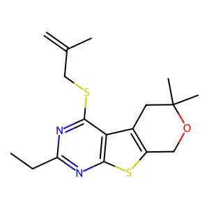 2-ethyl-6,6-dimethyl-4-((2-methylallyl)thio)-6,8-dihydro-5H-pyrano[4',3':4,5]thieno[2,3-d]pyrimidine structure