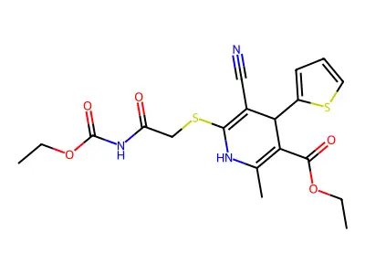 ethyl 5-cyano-6-((2-((ethoxycarbonyl)amino)-2-oxoethyl)thio)-2-methyl-4-(thiophen-2-yl)-1,4-dihydropyridine-3-carboxylate structure
