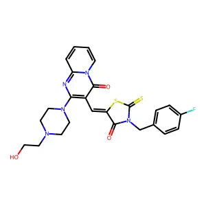 3-{(Z)-[3-(4-fluorobenzyl)-4-oxo-2-thioxo-1,3-thiazolidin-5-ylidene]methyl}-2-[4-(2-hydroxyethyl)piperazin-1-yl]-4H-pyrido[1,2-a]pyrimidin-4-one structure