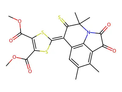 dimethyl 2-(4,4,8,9-tetramethyl-1,2-dioxo-5-thioxo-1,2,4,5-tetrahydro-6H-pyrrolo[3,2,1-ij]quinolin-6-ylidene)-1,3-dithiole-4,5-dicarboxylate structure