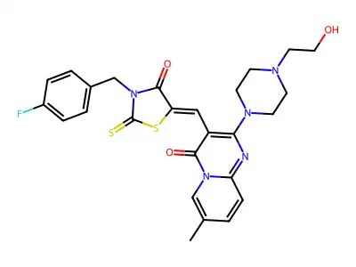 3-{(Z)-[3-(4-fluorobenzyl)-4-oxo-2-thioxo-1,3-thiazolidin-5-ylidene]methyl}-2-[4-(2-hydroxyethyl)piperazin-1-yl]-7-methyl-4H-pyrido[1,2-a]pyrimidin-4-one structure