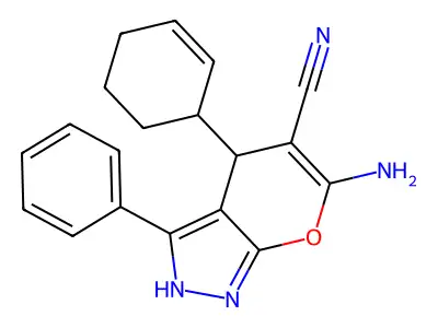 6-amino-4-cyclohex-2-en-1-yl-3-phenyl-2,4-dihydropyrano[2,3-c]pyrazole-5-carbonitrile structure