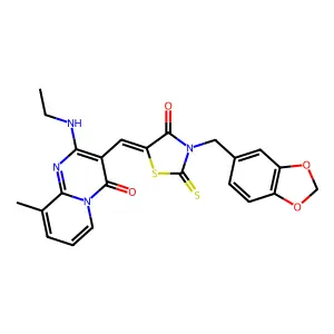 3-{(Z)-[3-(1,3-benzodioxol-5-ylmethyl)-4-oxo-2-thioxo-1,3-thiazolidin-5-ylidene]methyl}-2-(ethylamino)-9-methyl-4H-pyrido[1,2-a]pyrimidin-4-one structure