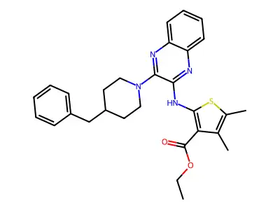 ethyl 2-{[3-(4-benzylpiperidin-1-yl)quinoxalin-2-yl]amino}-4,5-dimethylthiophene-3-carboxylate structure