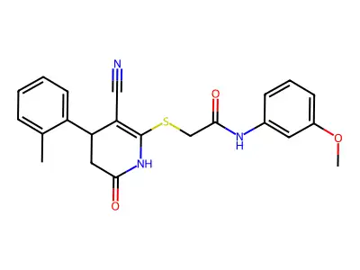 2-((3-cyano-6-oxo-4-(o-tolyl)-1,4,5,6-tetrahydropyridin-2-yl)thio)-N-(3-methoxyphenyl)acetamide structure