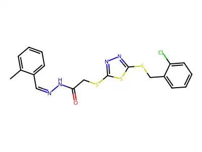 2-[[5-[(2-chlorophenyl)methylsulfanyl]-1,3,4-thiadiazol-2-yl]sulfanyl]-N-[(E)-(2-methylphenyl)methylideneamino]acetamide structure