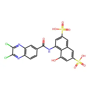 4-[(2,3-dichloroquinoxaline-6-carbonyl)amino]-5-hydroxynaphthalene-2,7-disulfonic acid structure