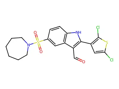 5-(azepan-1-ylsulfonyl)-2-(2,5-dichlorothiophen-3-yl)-1H-indole-3-carbaldehyde structure