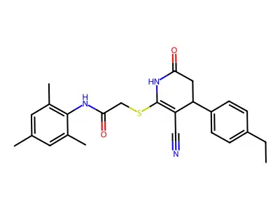 2-[[5-cyano-4-(4-ethylphenyl)-2-oxo-3,4-dihydro-1H-pyridin-6-yl]sulfanyl]-N-(2,4,6-trimethylphenyl)acetamide structure