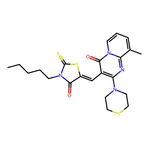 9-methyl-3-[(Z)-(4-oxo-3-pentyl-2-thioxo-1,3-thiazolidin-5-ylidene)methyl]-2-(thiomorpholin-4-yl)-4H-pyrido[1,2-a]pyrimidin-4-one structure
