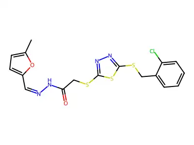2-[[5-[(2-chlorophenyl)methylsulfanyl]-1,3,4-thiadiazol-2-yl]sulfanyl]-N-[(E)-(5-methylfuran-2-yl)methylideneamino]acetamide structure