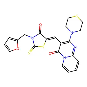 (Z)-3-(furan-2-ylmethyl)-5-((4-oxo-2-thiomorpholino-4H-pyrido[1,2-a]pyrimidin-3-yl)methylene)-2-thioxothiazolidin-4-one structure