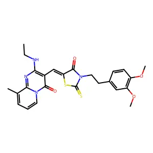 3-[(Z)-{3-[2-(3,4-dimethoxyphenyl)ethyl]-4-oxo-2-thioxo-1,3-thiazolidin-5-ylidene}methyl]-2-(ethylamino)-9-methyl-4H-pyrido[1,2-a]pyrimidin-4-one structure