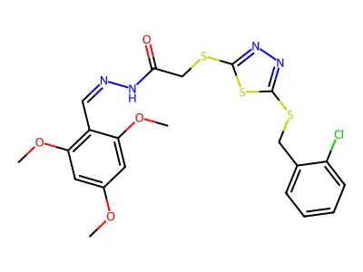 2-[[5-[(2-chlorophenyl)methylsulfanyl]-1,3,4-thiadiazol-2-yl]sulfanyl]-N-[(E)-(2,4,6-trimethoxyphenyl)methylideneamino]acetamide structure