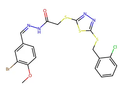 N-[(E)-(3-bromo-4-methoxyphenyl)methylideneamino]-2-[[5-[(2-chlorophenyl)methylsulfanyl]-1,3,4-thiadiazol-2-yl]sulfanyl]acetamide structure