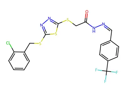2-[[5-[(2-chlorophenyl)methylsulfanyl]-1,3,4-thiadiazol-2-yl]sulfanyl]-N-[(E)-[4-(trifluoromethyl)phenyl]methylideneamino]acetamide structure