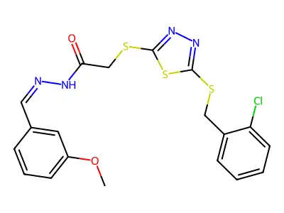 2-[[5-[(2-chlorophenyl)methylsulfanyl]-1,3,4-thiadiazol-2-yl]sulfanyl]-N-[(E)-(3-methoxyphenyl)methylideneamino]acetamide structure