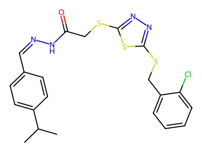 2-[[5-[(2-chlorophenyl)methylsulfanyl]-1,3,4-thiadiazol-2-yl]sulfanyl]-N-[(E)-(4-propan-2-ylphenyl)methylideneamino]acetamide structure
